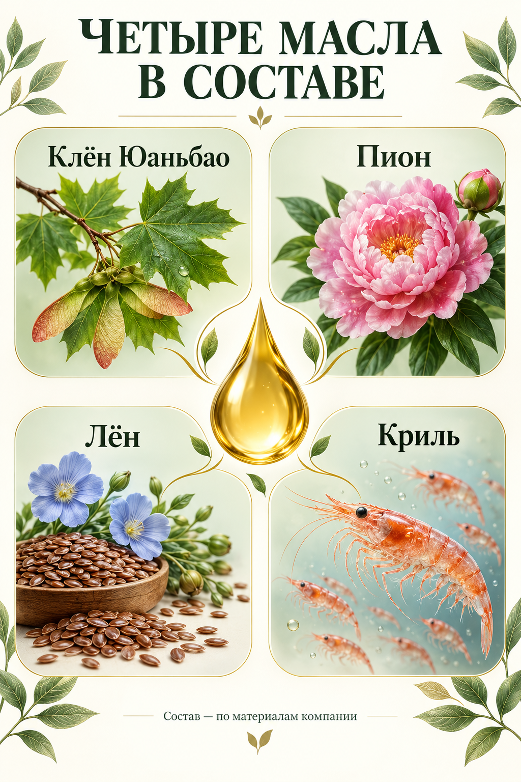 Четыре масла: клён Юаньбао, пион, лён и криль